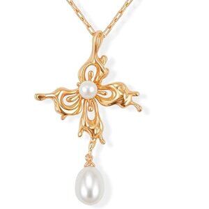 Gold Flutter Papillon Necklace w/Freshwater Pearls 🌸 18K Yellow Gold Finish NWT